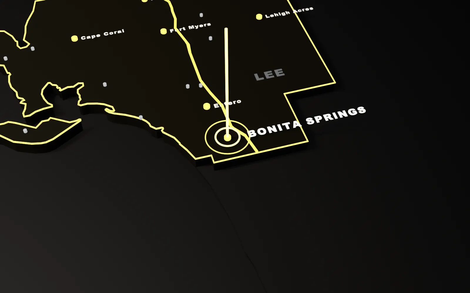 3D map of Bonita Springs, Lee County, Florida, with the I-75 and nearby cities