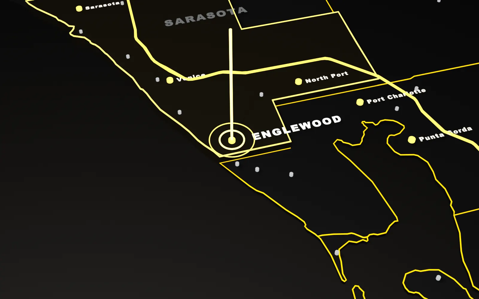 3D map of Englewood, Sarasota County, Florida, with the I-75 and nearby cities