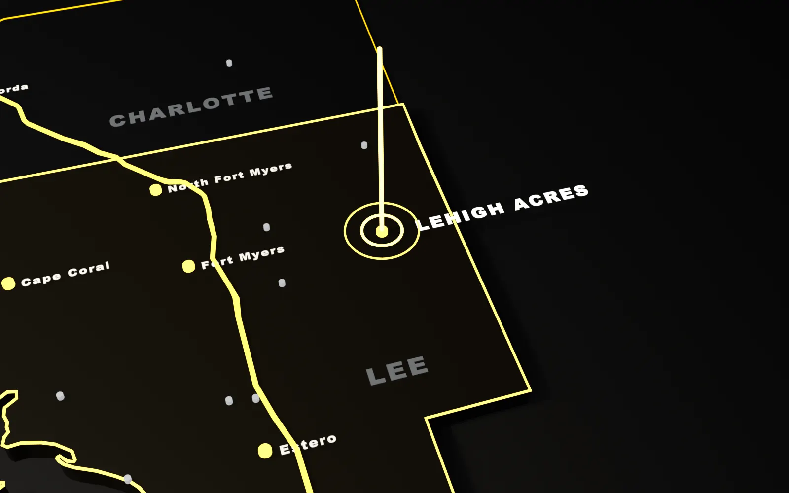 3D map of Lehigh Acres, Lee County, Florida, with the I-75 and nearby cities