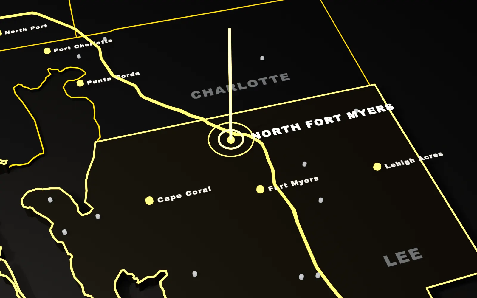 3D map of North Fort Myers, Lee County, Florida, with the I-75 and nearby cities