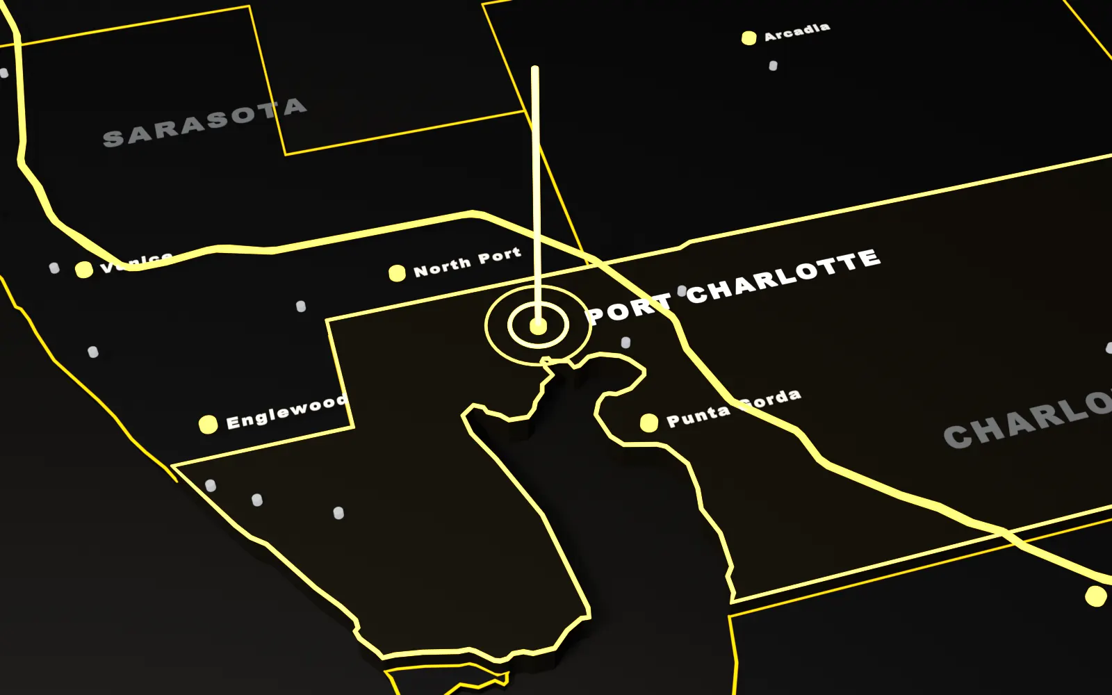 3D map of Port Charlotte, Charlotte County, Florida, with the I-75 and nearby cities