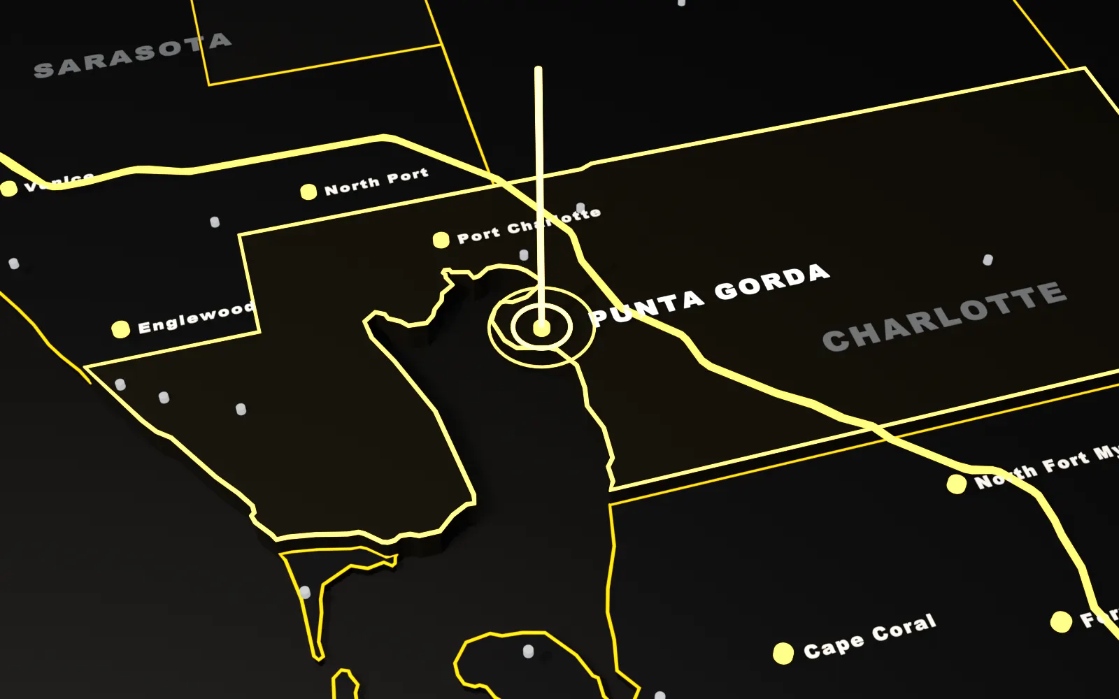 3D map of Punta Gorda, Charlotte County, Florida, with the I-75 and nearby cities