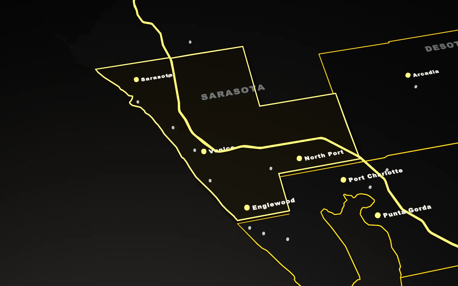 3D map of Sarasota County, Florida, highlighted with its main cities and the I-75