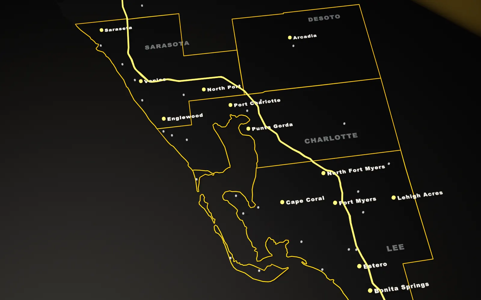 3D map of Sarasota, Charlotte, Lee and DeSoto counties with the I-75 and the main cities